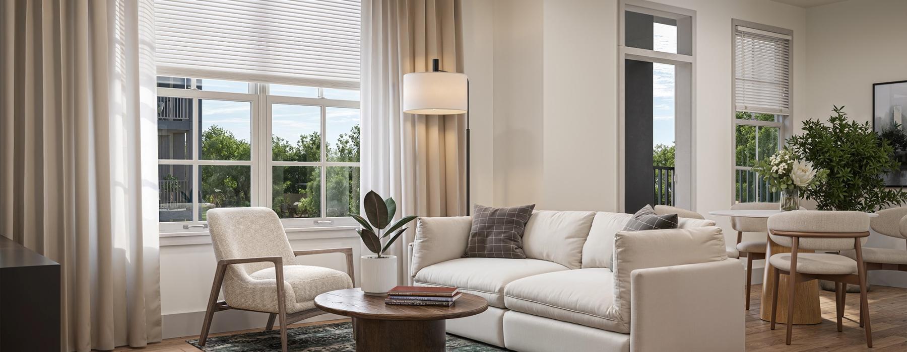 a living room with a fan and a couch
